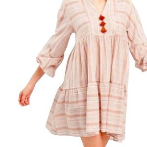 World Market Cotton Striped Boho Tunic Dress Tassels Size L/XL Cream Rust